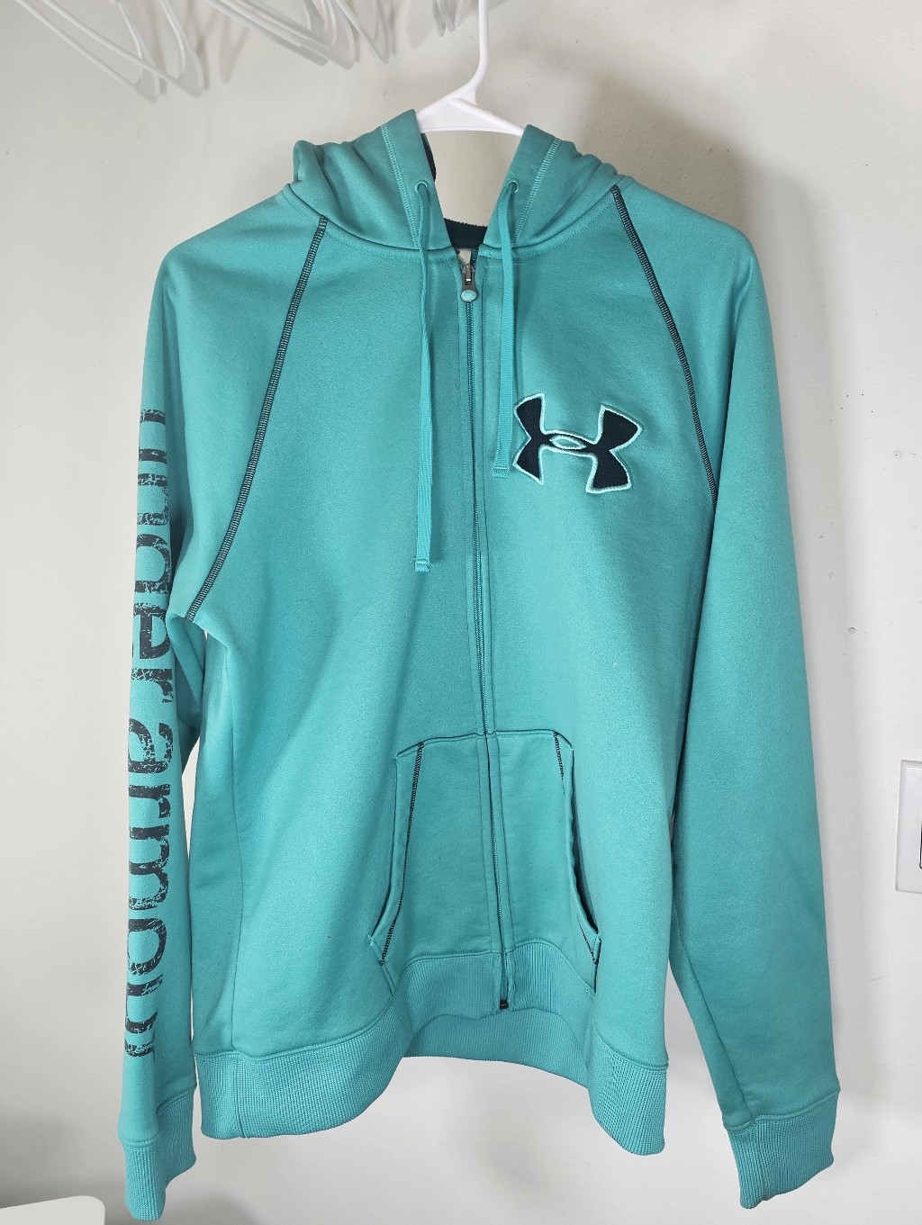 Under Armour Women's Full Zip Jacket Turquoise Blue/Green Medium Pockets Hooded